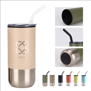 16oz Stainless Steel Tumbler With Straw Reusable Travel